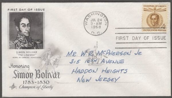 Scott# 1110 "SIMON BOLIVAR" ARTCRAFT FIRST DAY COVER