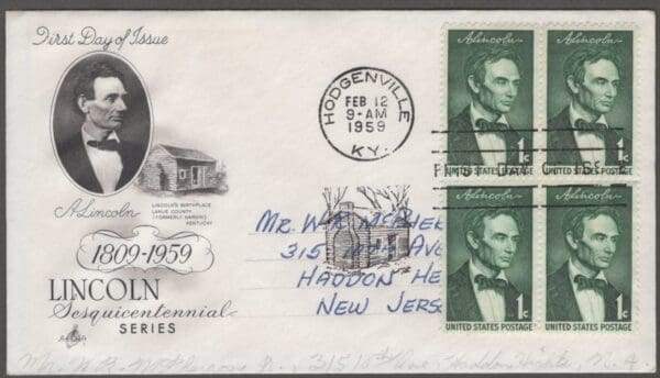 Scott# 1113 "BEARDLESS LINCOLN" BLOCK (4) on ARTCRAFT FIRST DAY COVER