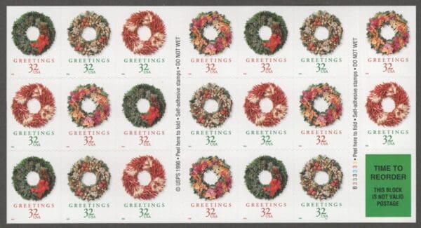 Scott# 3252c (3245-48) SCARCE CHRISTMAS WREATHS MNH BKLT PANE (20) +LABEL