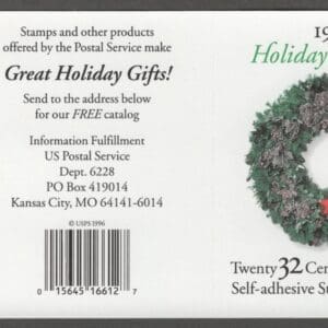 Scott# 3252e (3249-52) SCARCE CHRISTMAS WREATHS MNH BOOKLET PANE (20) +LABEL - Image 2