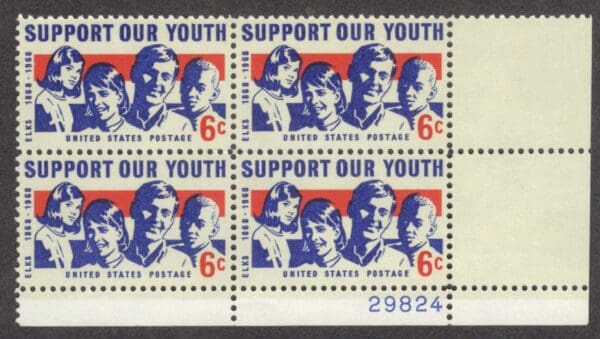 Scott# 1342 "SUPPORT OUR YOUTH" MNH PLATE BLOCK (4) NICELY CENTERED