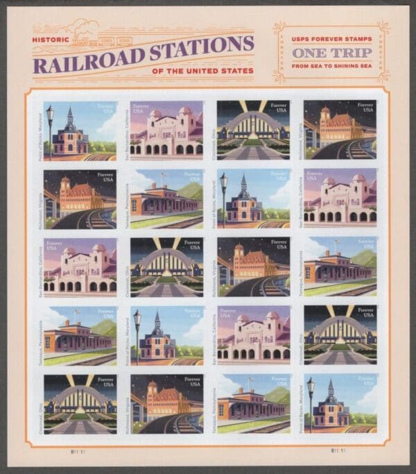 Scott# 5758-62 "HISTORIC RAILROAD STATIONS" MNH FULL SHEET (20)