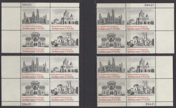 Scott# 1838-41 AMERICAN ARCHITECTURE MNH MATCHED PLATE BLOCKS (4) SET