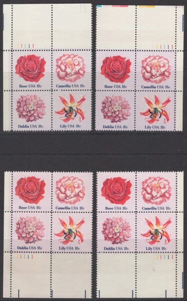 Scott# 1876-79 "FLOWERS OF AMERICA" MNH MATCHED PLATE BLOCKS (4) SET