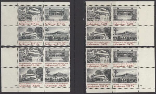 Scott# 2019-22 AMERICAN ARCHITECTURE MATCHED PLATE BLOCKS (4) SET P#2