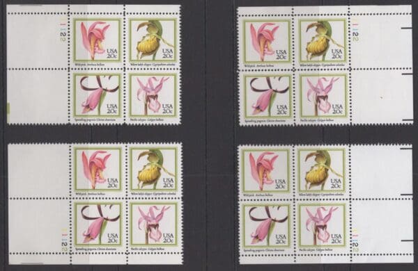 Scott# 2076-79 "ORCHIDS" MNH MATCHED PLATE BLOCKS (4) SET, NICELY CENTERED