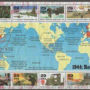 Scott# 2838 "WORLD WAR II-1944 ROAD TO VICTORY" USED SHEET (10) WITH PLATE #