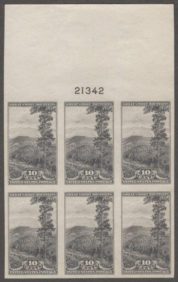 Scott# 765 "GREAT SMOKY MOUNTAINS-NAT'L PARKS" TOP PLATE BLOCK (6) P# 21340