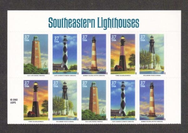 Scott# 3787-91 "SOUTHEASTERN LIGHTHOUSES" TOP PLATE BLOCK (10) W/HEADER