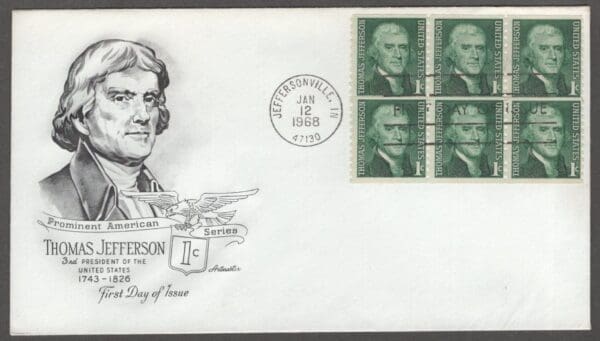 Scott# 1278a "THOMAS JEFFERSON" BKLT PANE VARIETY (6) FIRST DAY COVER