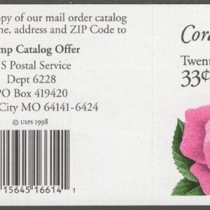 Alternative view of Scott# 3052d "CORAL PINK ROSE" 1999 UNFOLDED BOOKLET PANE (20)