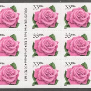 Scott# 3052d "CORAL PINK ROSE" 1999 UNFOLDED BOOKLET PANE (20)