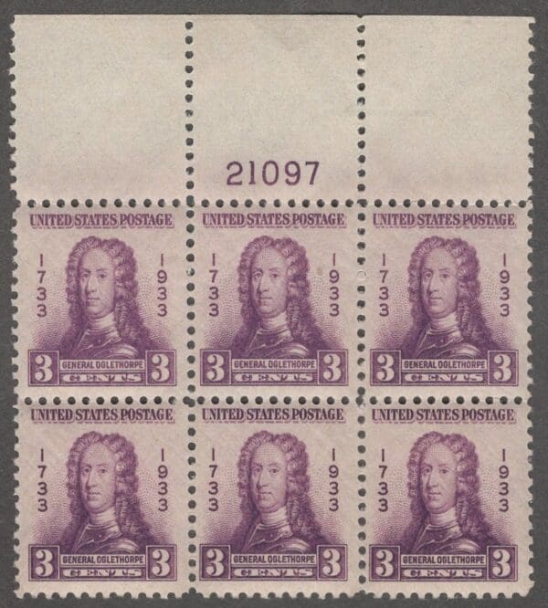 Scott# 726 "GENERAL OGLETHORPE" MNH TOP PLATE BLOCK (6) PLATE# 21097