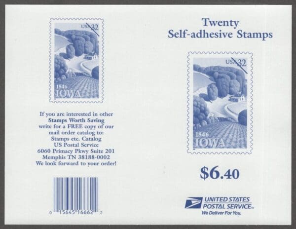 Scott# 3089a "IOWA STATEHOOD" MNH BOOKLET PANE (20) PLATE # B1111 - Image 2