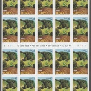 Scott# 3089a "IOWA STATEHOOD" MNH BOOKLET PANE (20) PLATE # B1111