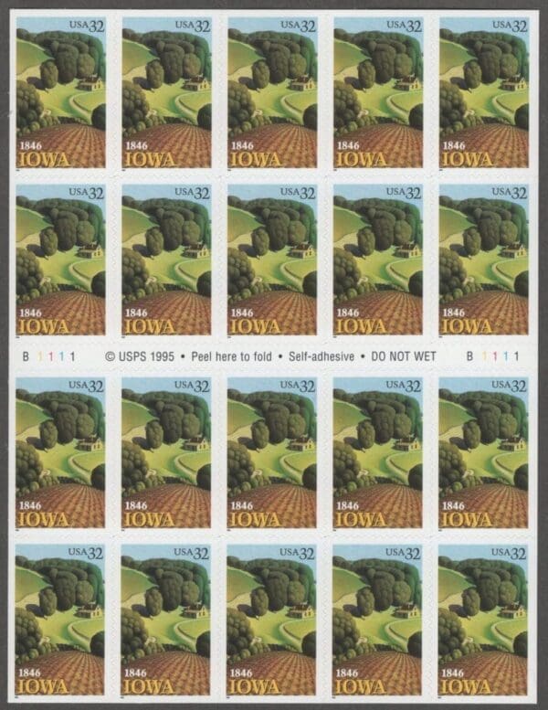 Scott# 3089a "IOWA STATEHOOD" MNH BOOKLET PANE (20) PLATE # B1111