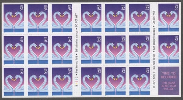 Scott# 3123a "LOVE SWANS" MNH S/A BOOKLET PANE (20) PLATE # B2222