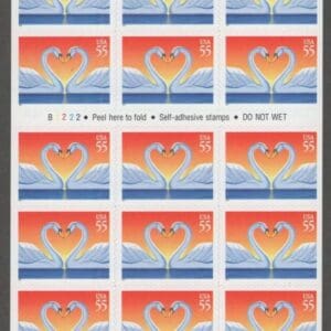 Scott# 3124a "LOVE SWANS" S/A BOOKLET PANE (20) PLATE # B2222