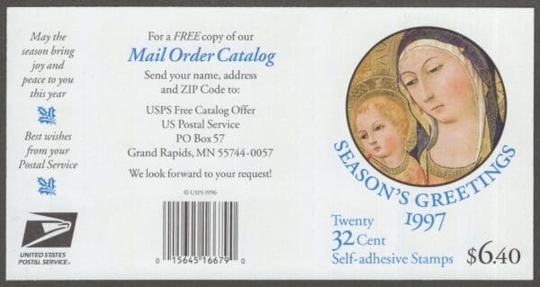 Scott# 3176 "MADONNA & CHILD by SANO di PIETRO" MNH BOOKLET PANE (20) P# 1111 - Image 2