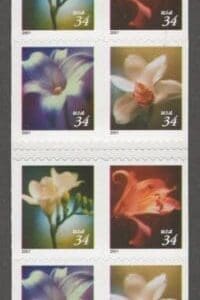 Scott# 3487-90 (3490b,c,d) (BK284) "LILIES" MNH 2001 DATE DOUBLE SIDED BKLET PANE (20)