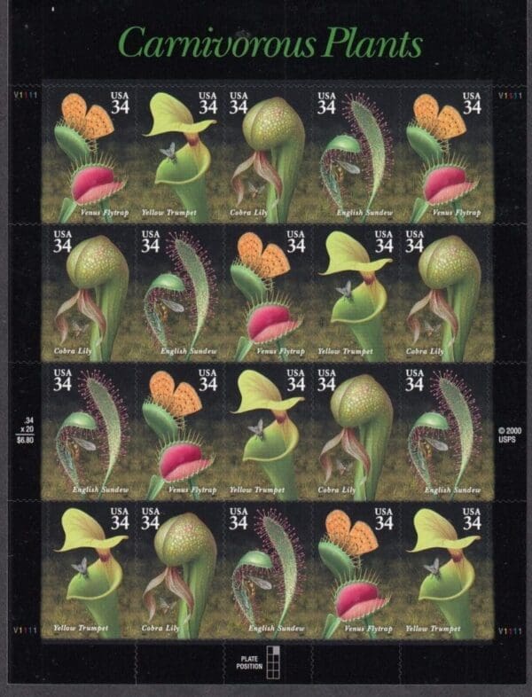 Scott# 3528-31 "CARNIVOROUS PLANTS" S/A MNH SHEET (20)