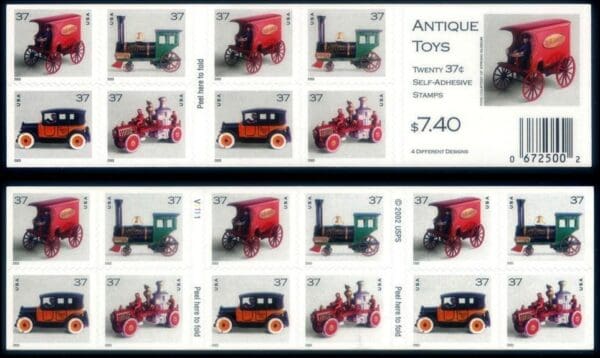 Scott# 3642-45 (3645h) "ANTIQUE TOYS" MNH 2 SIDED BOOKLET PANE (20)