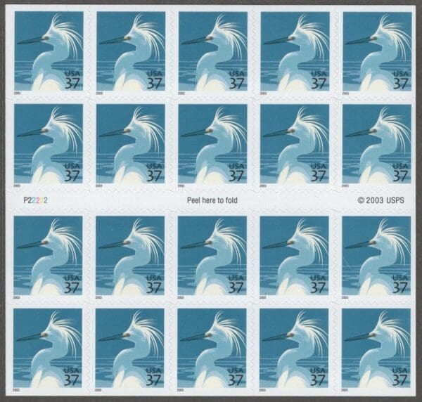 Scott# 3830A "SNOWY EGRET" MNH S/A UNFOLDED BOOKLET PANE (20) P# P22222