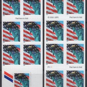 Scott# 3978b "LADY LIBERTY & FLAG" 2 SIDED BOOKLET PANE (20) P# P1111