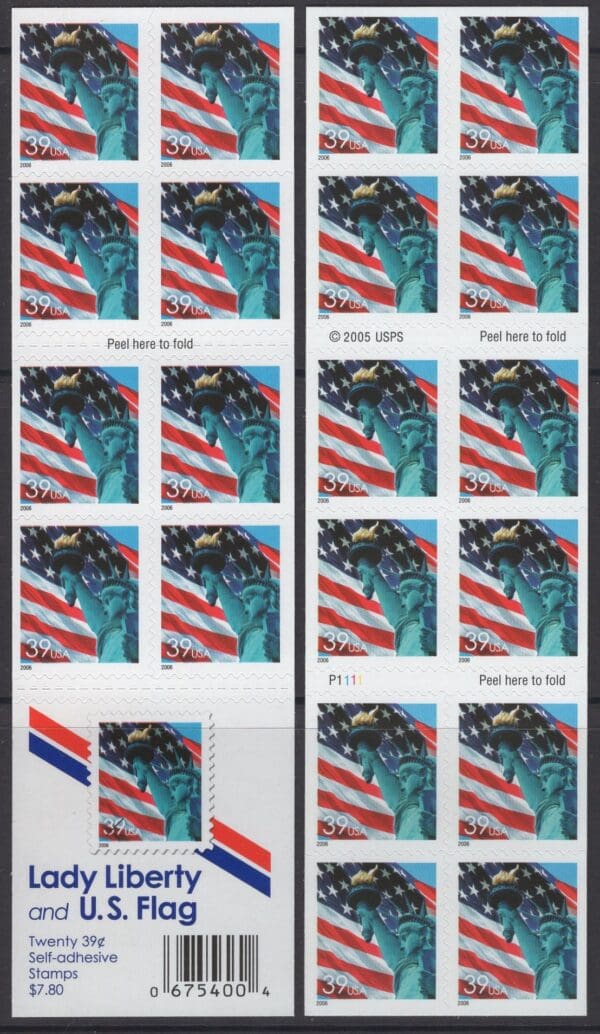 Scott# 3978b "LADY LIBERTY & FLAG" 2 SIDED BOOKLET PANE (20) P# P1111