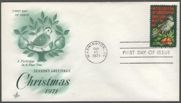 Scott# 1445 "PARTRIDGE IN A PEAR TREE" ARTCRAFT FIRST DAY COVER