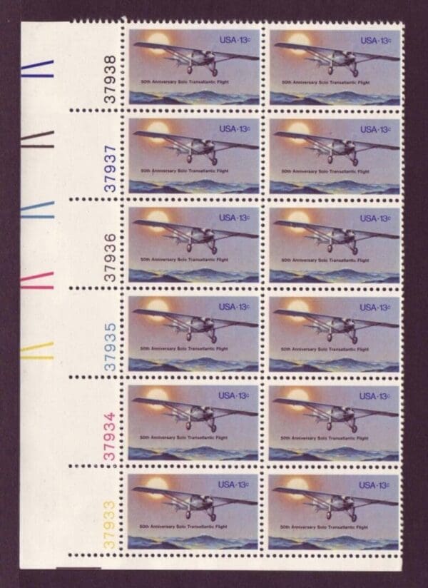 Scott# 1710 "LINDBERGH FLIGHT" MATCHED SET PLATE BLOCKS (12) MNH P#S 37933-37938