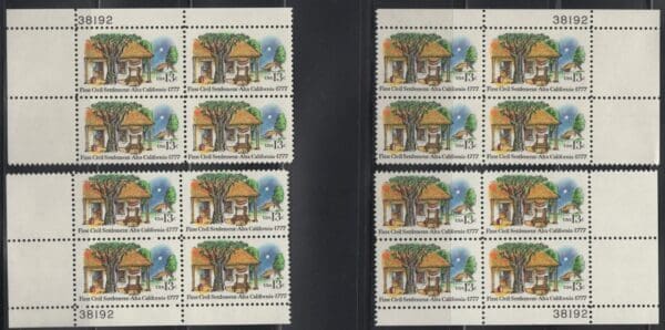 Scott# 1725 "FIRST CIVIL SETTLEMENT" MNH MATCHED PLATE BLOCK (4) SET, PLATE# 38192