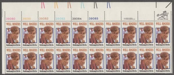 Scott# 1801 "WILL ROGERS - HUMORIST" MNH PLATE STRIP (20) MNH