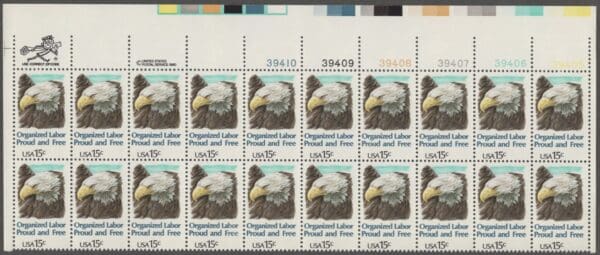 Scott# 1831 "ORGANIZED LABOR-AMERICAN EAGLE" MNH PLATE STRIP (20)