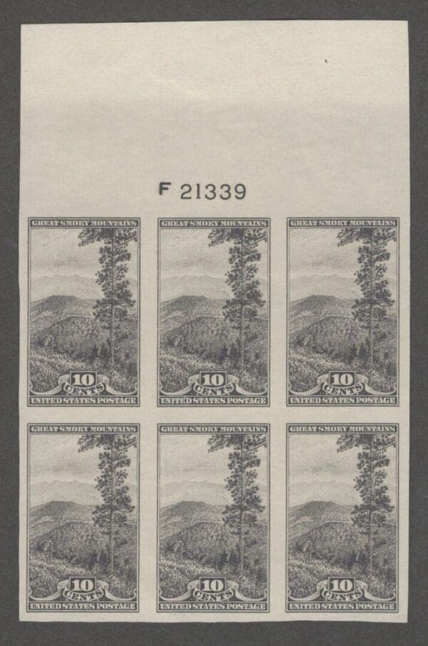 Scott# 765 "GREAT SMOKY MOUNTAINS-NAT'L PARKS" BIG TOP PLATE BLOCK (6) P# F 21339