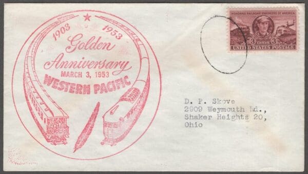 Scott# 993 "RAILROAD ENGINEERS OF AMERICA" ON COVER FOR WESTERN PACIFIC 50 YR ANIV.