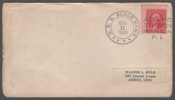 Scott# 707 "WASHINGTON" ON COVER WITH U.S.S. BLACK HAWK AND ASIATIC STA. MANILA P.I. CANCELS