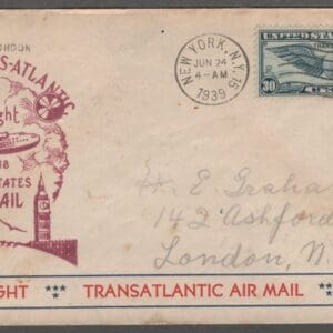 Scott# C24 "WINGED GLOBE-TRANSATLANTIC" FAM-18 NEW YORK to LONDON COVER