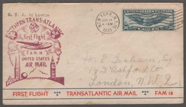 Scott# C24 "WINGED GLOBE-TRANSATLANTIC" FAM-18 NEW YORK to LONDON COVER