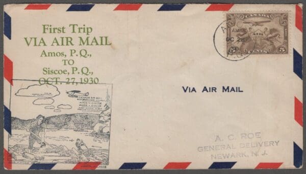 Scott#s C3 CANADA FIRST TRIP via AIRMAIL - AMOS P.Q. to SISCOE, P.Q. OCTOBER 1930