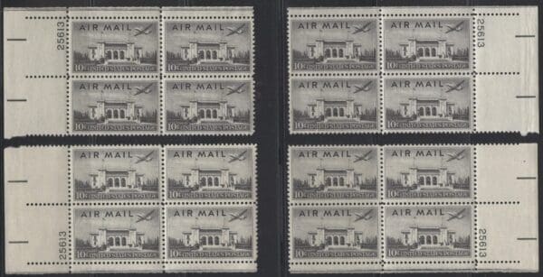 Scott# C34 "PAN AM BUILDING" MNH MATCHED PLATE BLOCKS (4) P# 23613