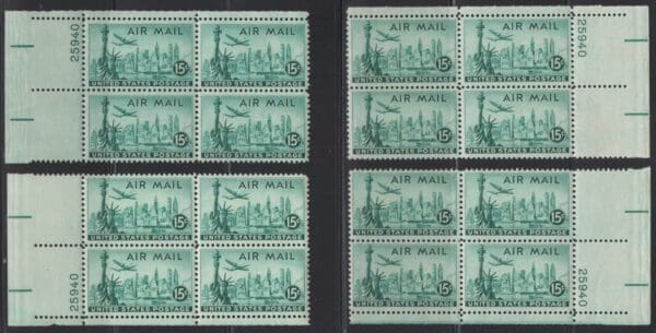 Scott# C35 "STATUE of LIBERTY" MNH MATCHED SET of PLATE BLOCKS (4) P# 25940