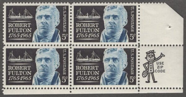 Scott# 1270 "ROBERT FULTON" MNH ZIP BLOCK (4) WITH CLIPPED CORNER