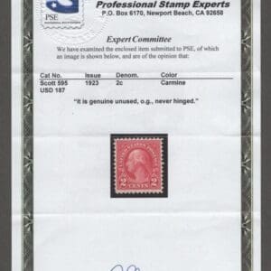 Scott# 595 "WASHINGTON" PERF 11 MNH, NICELY CENTERED WITH PSE CERT - Image 3