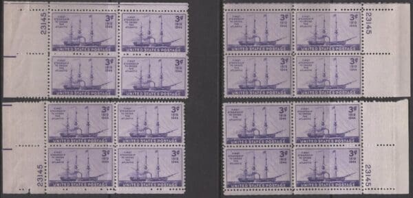 Scott# 923 "STEAMSHIP SAVANNAH" MNH MATCHED PLATE BLOCKS (4) SET, P# 23145