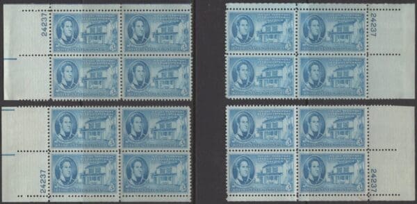 Scott# 996 "INDIANA TERRITORY" MNH MATCHED PLATE BLOCKS (4) SET, P# 24237