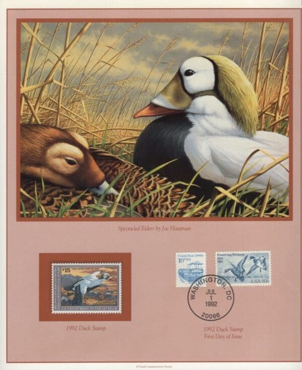 Scott# RW59 DUCK STAMP 1992 "SPECTACLED EIDERS" MNH WITH P.C.S. FOLIO PAGES