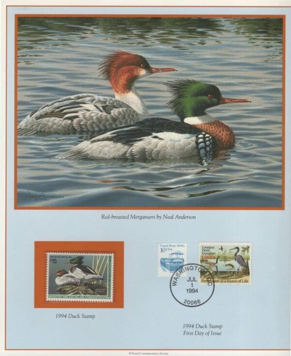 Scott# RW61 "DUCK STAMP" 1994 "RED BREASTED MERGANSER" P.C.S. FOLIO PAGES