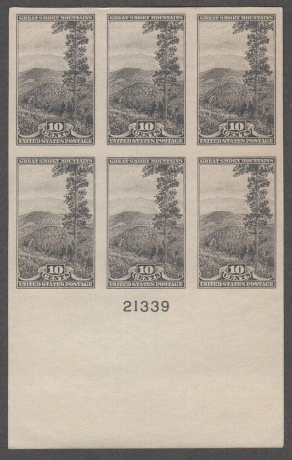 Scott# 765 "GREAT SMOKY MOUNTAINS-NAT'L PARKS" MNH LOWER PLATE BLOCK (6) P# 21339