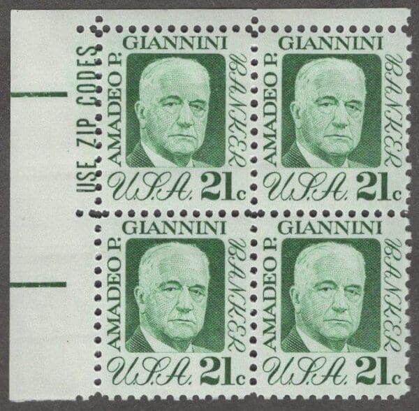 Scott# 1400 "A.P. GIANNINI" ZIP BLOCK (4) MNH, NICELY CENTERED